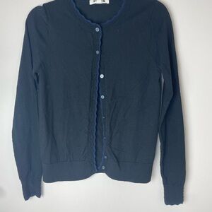 Boden Laine 100% Wool Scallop Edge Button Cardigan Sweater Black & Navy Small